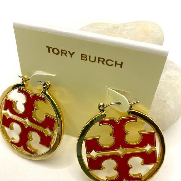 NWOT Tory Burch Gold, Double T Red Enamel Hoop Earrings - Picture 5 of 6